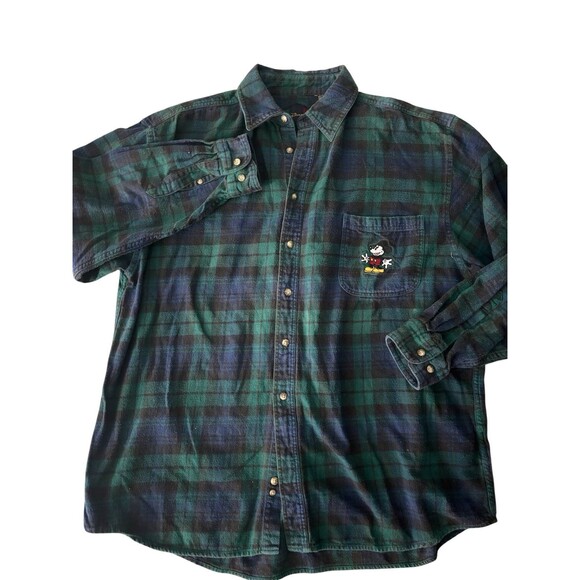 Vintage 90s Disney Mickey Flannel Shirt Men XL Blue/Green Plaid Checkered - Picture 4 of 6